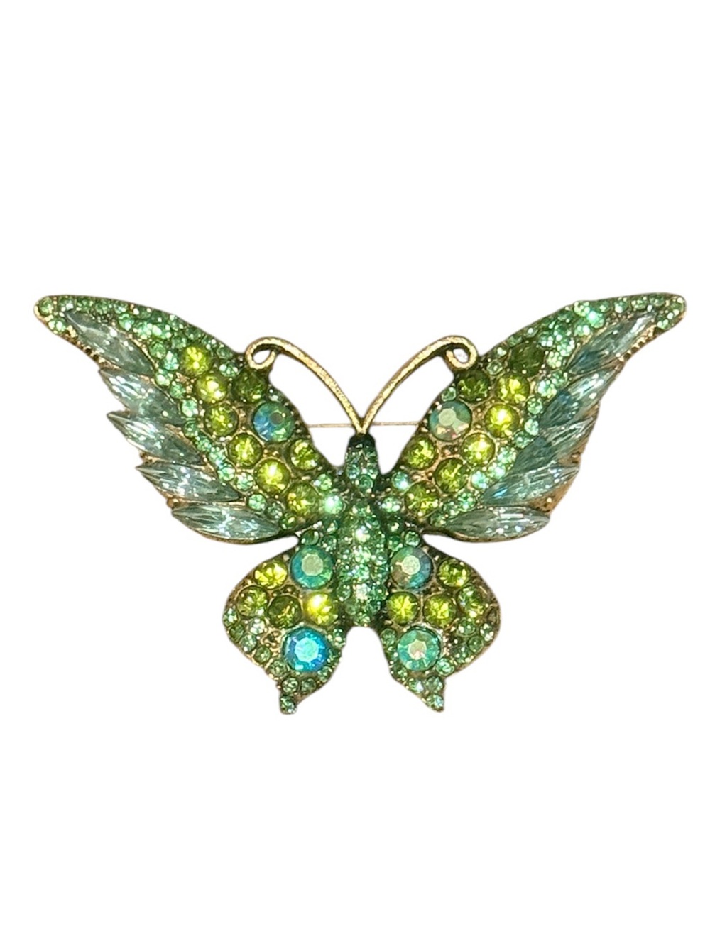 Vintage Green Rhinestone Butterfly Brooch Pin Aurora Borealis Enamel Style